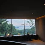 통창 너머 바다와 녹음이 보이는 카페 창가 좌석