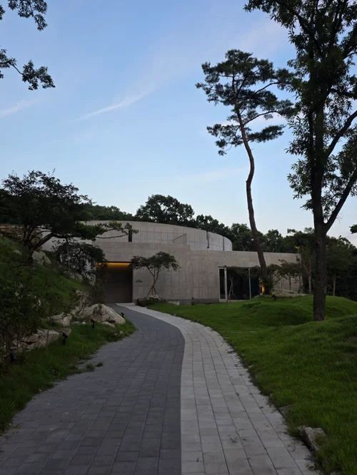 구불구불한 보도블록 길을 따라 펼쳐진 현대식 콘크리트 건물과 소나무 정원