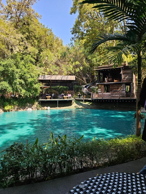 울창한 열대 나무들 사이로 투명한 에메랄드색 수영장과 목조 건물이 보이는 리조트 풍경