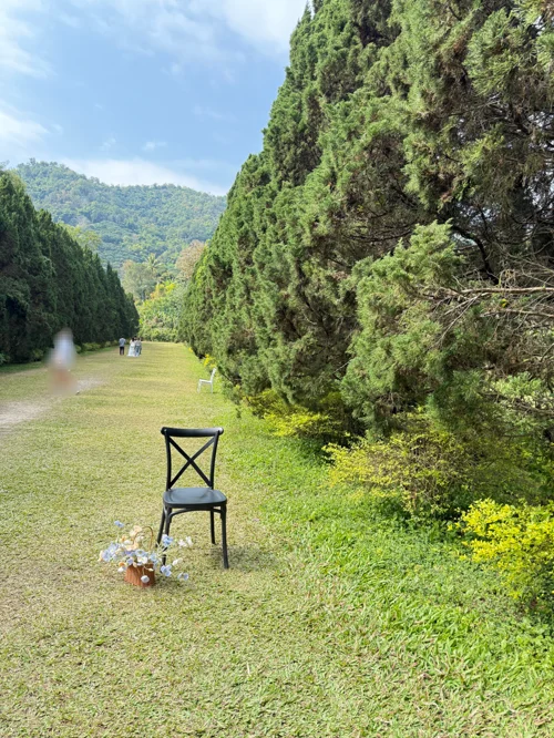 잔디밭 위 검은 의자와 꽃다발이 있는 정원 포토존, 배경에 산과 나무