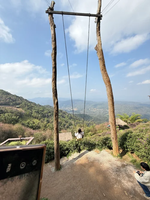 높은 나무 기둥에 설치된 그네를 타는 사람과 배경의 산 풍경