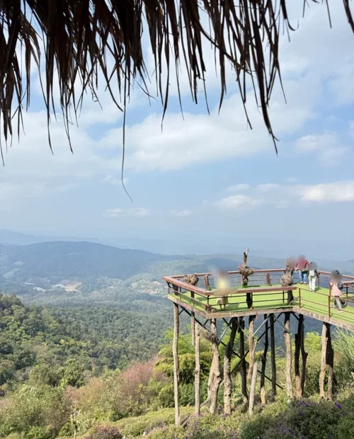 산 정상 전망대에서 관광객들이 녹색 산맥을 바라보는 모습