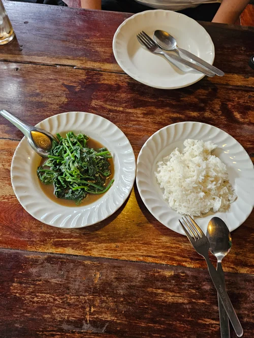 나무 테이블 위 초록 나물반찬과 흰쌀밥이 담긴 식사 풍경