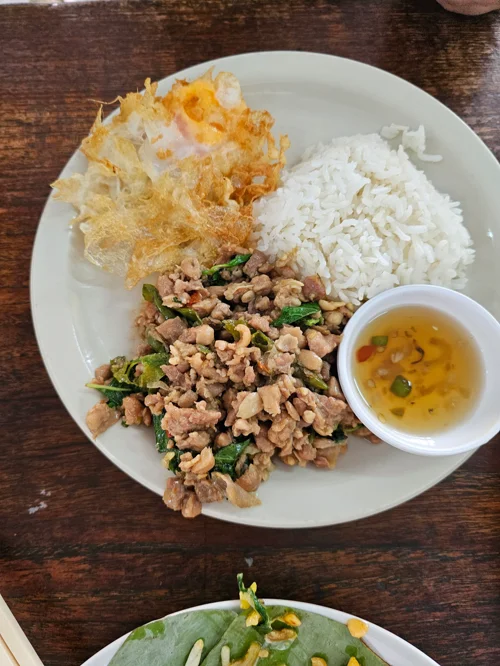 흰 쌀밥과 바삭한 달걀튀김, 바질 다진고기볶음이 담긴 태국식 정식 요리