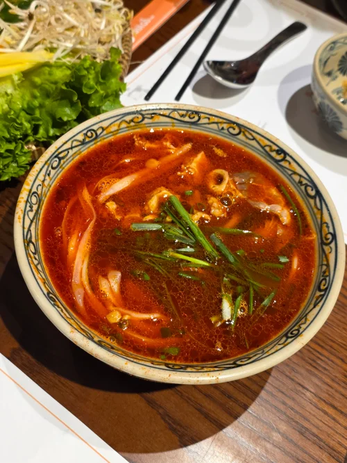 붉은 육수에 곱창과 쌀국수가 담긴 그릇, 파 토핑