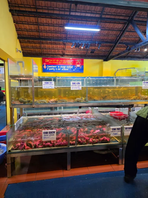 노란 벽의 베트남 해산물 시장 내부, 여러 개의 수조에 신선한 해산물이 진열된 모습