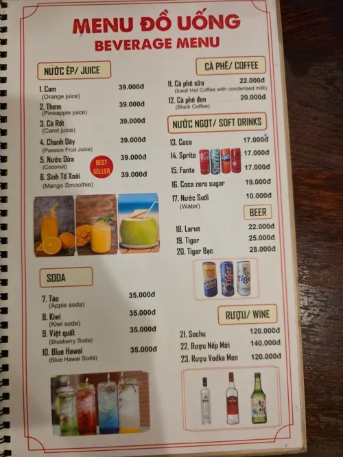 베트남 레스토랑 음료 메뉴판