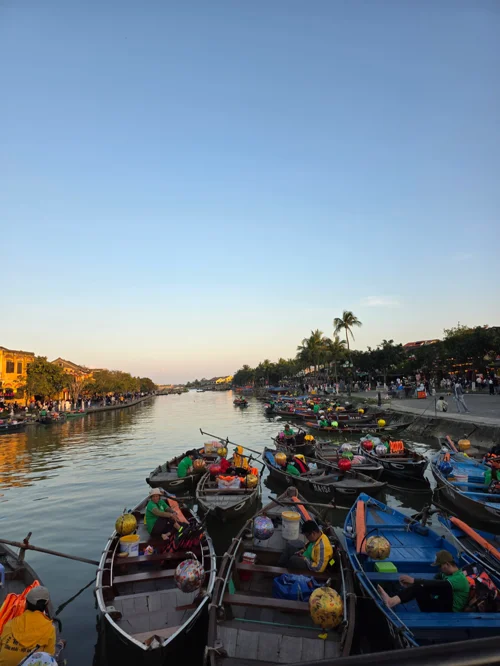 호이안 투본강에 정박한 여러 척의 전통 목선과 노란 건물들이 보이는 저녁 노을 풍경