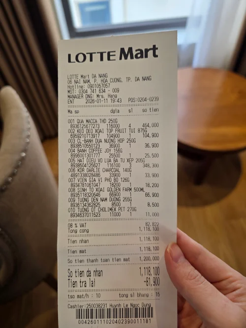 롯데마트 다낭점 영수증 사진, 총액 1,118,100 베트남동