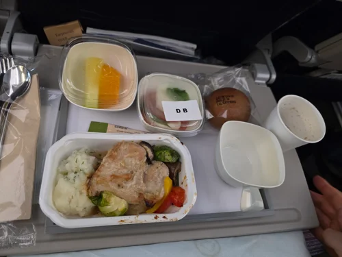 그릴 치킨과 채소, 과일이 담긴 항공기 기내식 트레이