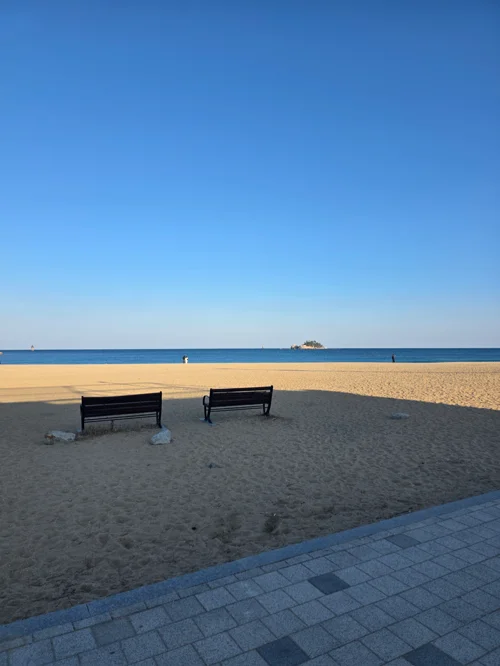 맑은 날씨의 해변에 나란히 놓인 두 개의 벤치와 푸른 바다