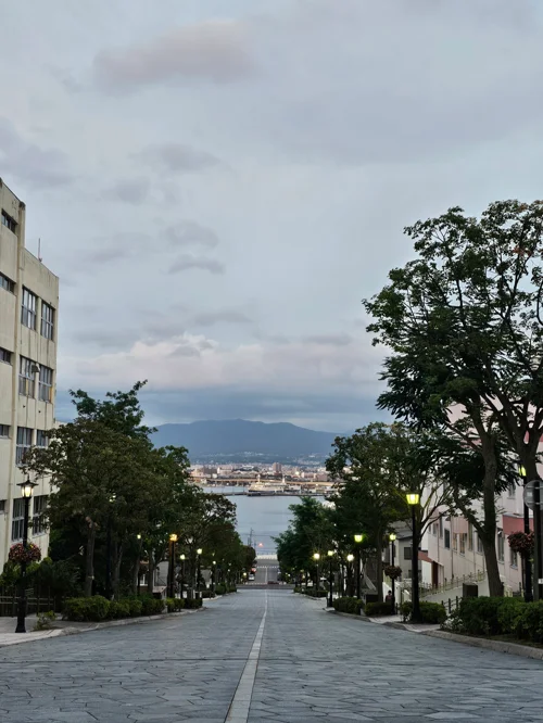 가로등이 늘어선 언덕길 끝으로 하코다테항과 바다, 산맥이 보이는 풍경