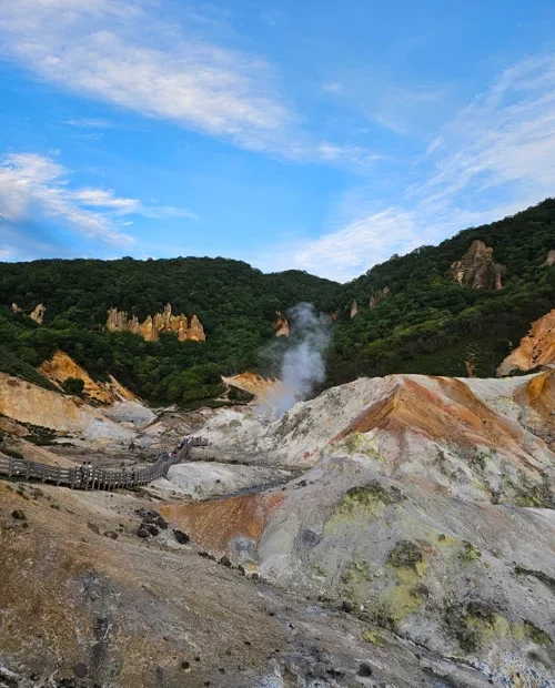 유황 증기가 피어오르는 노보리베츠 지고쿠다니 화산 지형 전경