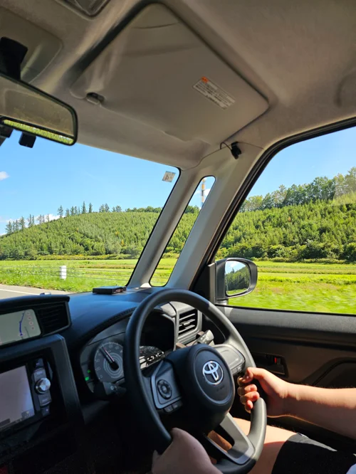 토요타 차량 운전석에서 바라본 여름 녹지와 푸른 하늘 드라이브 풍경