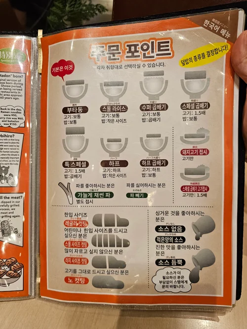 부타동 음식점의 주문 포인트 안내 메뉴판으로 밥과 고기 양 선택 옵션 설명