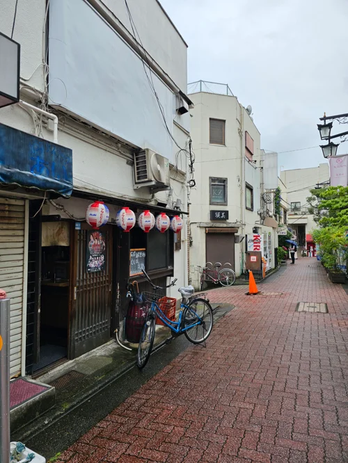 빨간 종이 등롱이 걸린 이자카야가 있는 일본 골목 거리