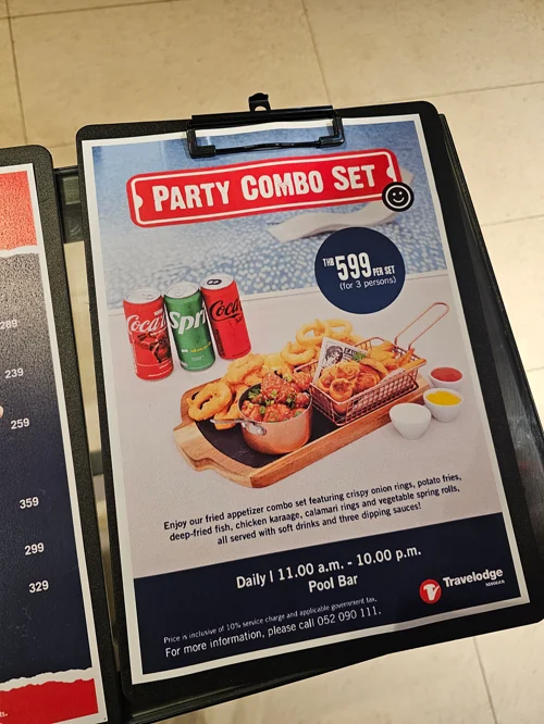 트래블로지 호텔 풀 바의 파티 콤보 세트 메뉴판 599바트 3인 기준