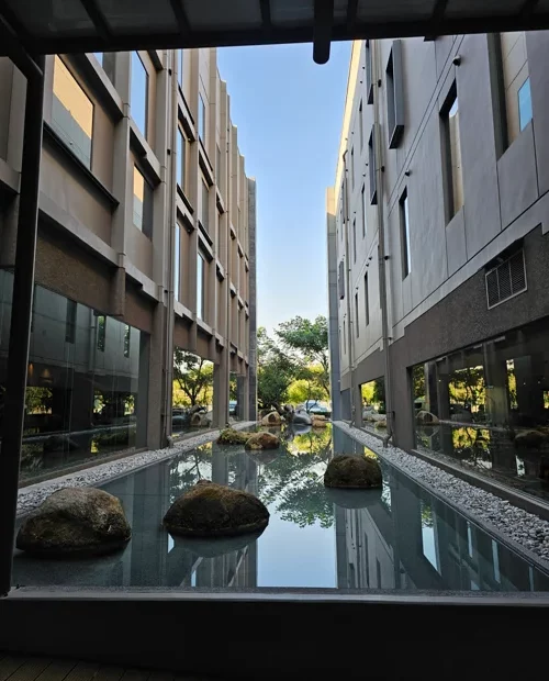 두 현대식 건물 사이 자연석이 놓인 잔잔한 수공간과 반영