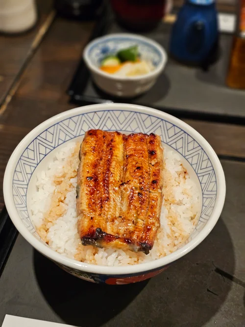 파란 문양 그릇에 담긴 숯불 구이 장어덮밥(우나동)